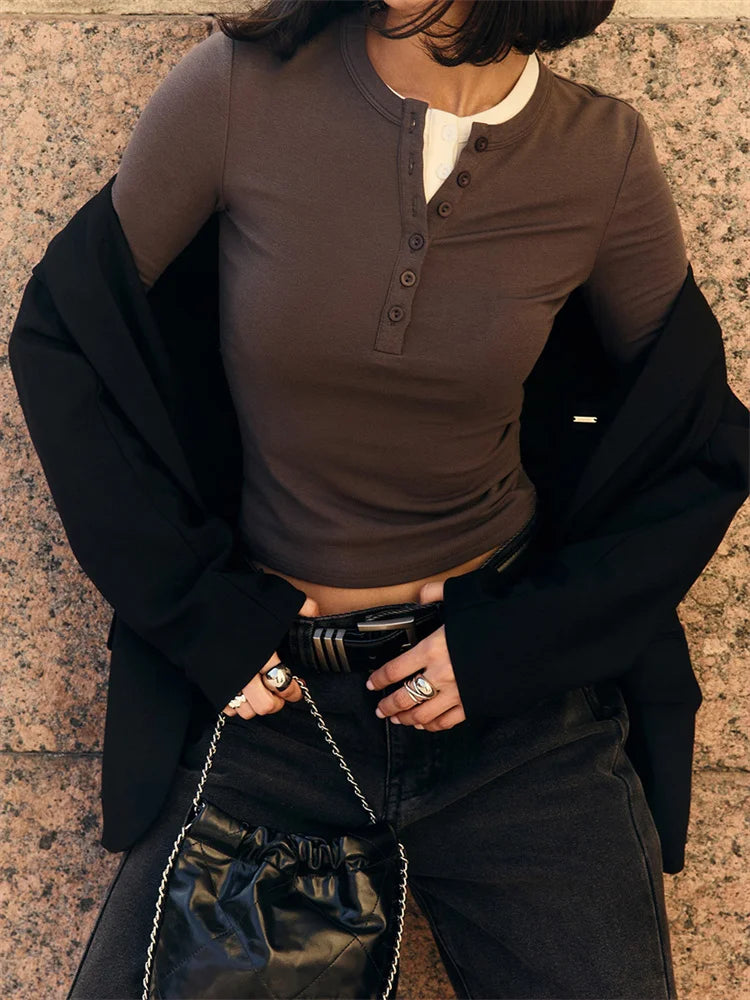 Camiseta informal de retazos de primavera para mujer, jersey de manga larga con cintura alta, interior ajustado Y2k, ropa para mujer, camiseta lisa