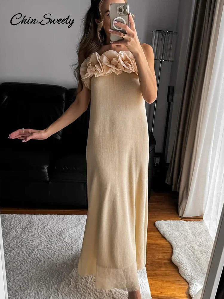 Elegant 3D Flower Knit Long Dress Women Off Shoulder Backless Loose Party Beach Vacation Dresses 2025 Spring Lady Knitwear New