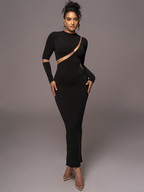 Vestido largo ajustado de manga larga con cuello alto para mujer, vestido largo sexy de otoño con retazos y aberturas para fiesta y club.