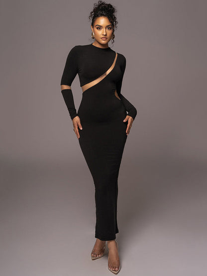Vestido largo ajustado de manga larga con cuello alto para mujer, vestido largo sexy de otoño con retazos y aberturas para fiesta y club.