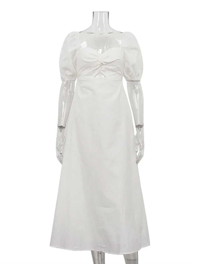 Vestido largo blanco con cuello cuadrado y mangas abullonadas para mujer, corte en A, ajustado, de algodón, con aberturas, elegante, moda de otoño.