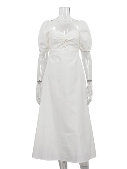 Vestido largo blanco con cuello cuadrado y mangas abullonadas para mujer, corte en A, ajustado, de algodón, con aberturas, elegante, moda de otoño.