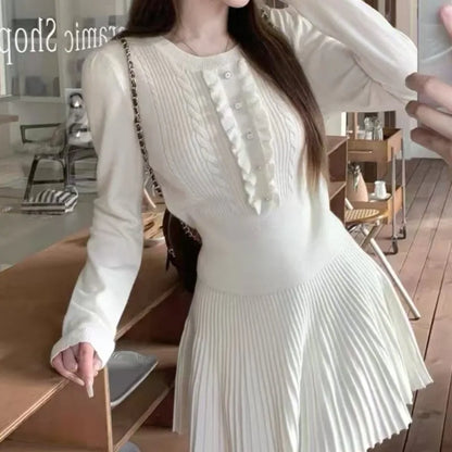 Conjuntos de punto de 2 piezas estilo preppy de otoño para mujer, top de manga larga con cuello redondo y minifalda plisada, moda coreana, trajes casuales, nuevo traje