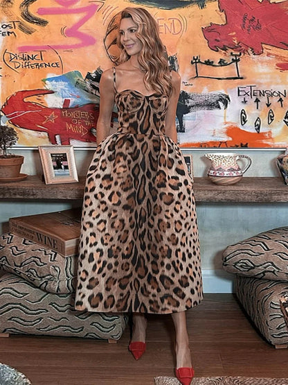 Vintage Leopard Sling Tube Long Dresses Women Sexy Sleeveless Slim Fit Backless Dress Female Chic Street Party Evening Vestidos