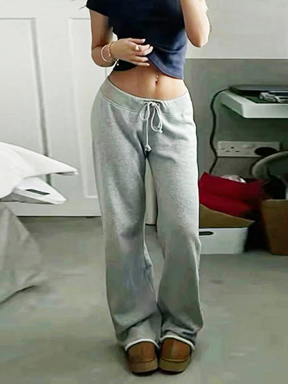 Pantalones deportivos holgados de cintura alta con bolsillos y cordón para mujer, color gris, lisos, básicos, sencillos, de pierna recta, para correr