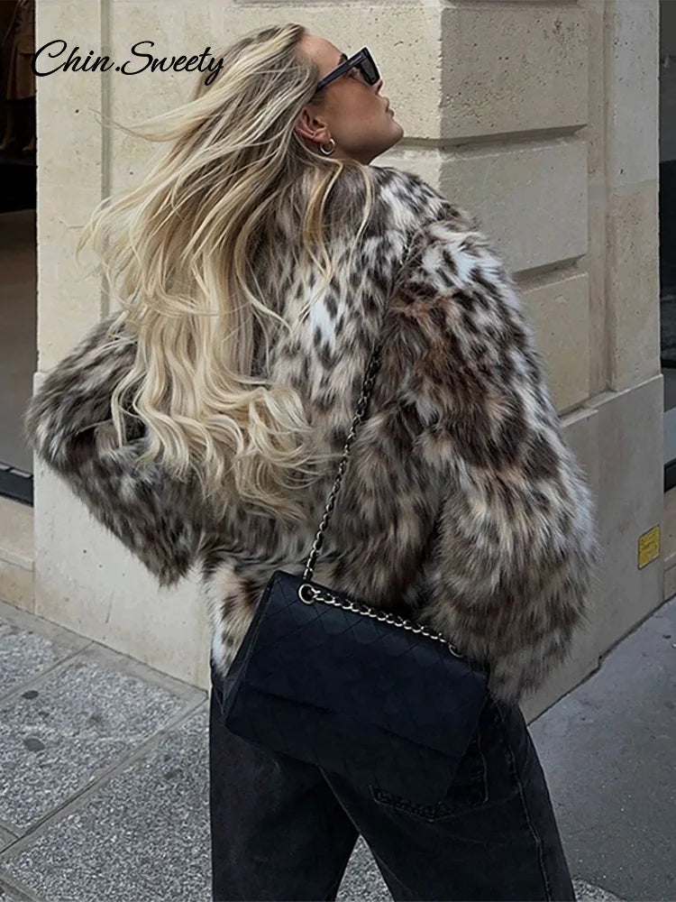 Abrigo corto de piel sintética con estampado de leopardo para mujer, chaqueta de botones sueltos con solapa de felpa abullonada, abrigo grueso y cálido de invierno