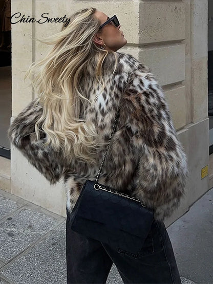Abrigo corto de piel sintética con estampado de leopardo para mujer, chaqueta de botones sueltos con solapa de felpa abullonada, abrigo grueso y cálido de invierno