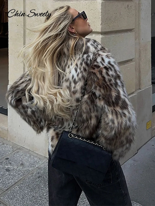 Abrigo corto de piel sintética con estampado de leopardo para mujer, chaqueta de botones sueltos con solapa de felpa abullonada, abrigo grueso y cálido de invierno