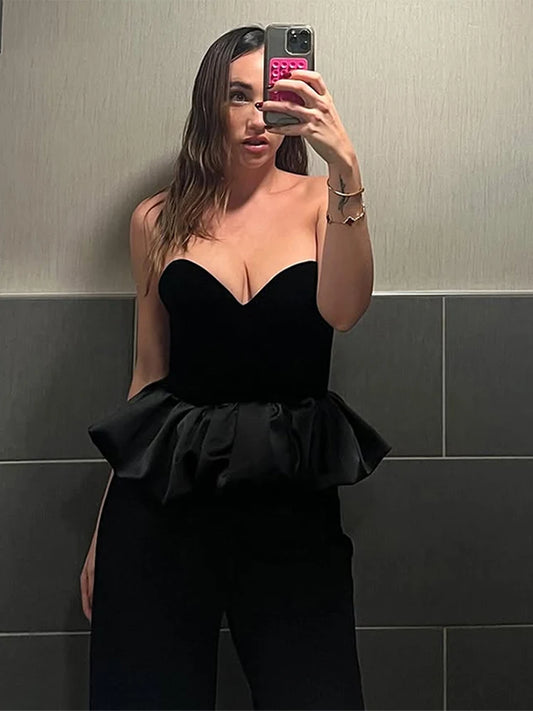 Top de tubo de terciopelo sexy sin tirantes para mujer, top de corsé corto sin mangas plisado negro vintage para mujer, ropa de calle elegante y versátil de primavera