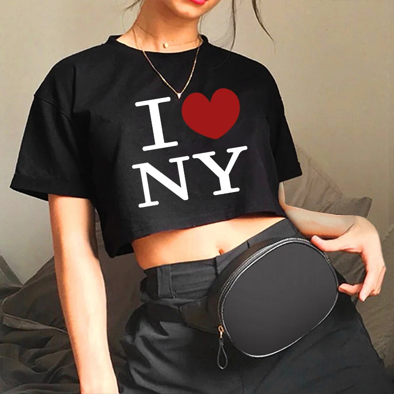 Camiseta de verano Y2K con cuello redondo, manga corta, letras estampadas, ombligo abierto, para mujer europea y americana
