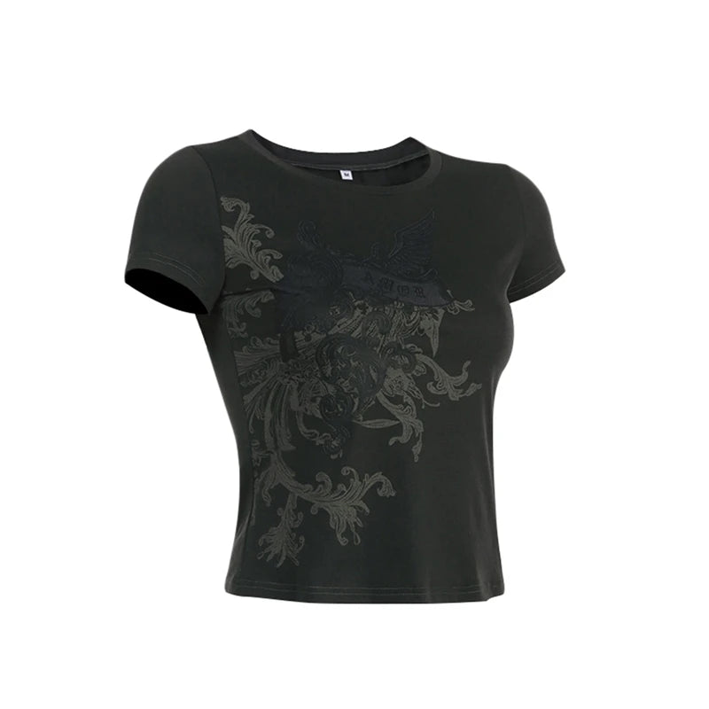 y2k Fairy Grunge Tops Summer Vintage Floral Print Short Sleeve Tshirt 2000s Aesthetic Women Harajuku Tee Streetwear