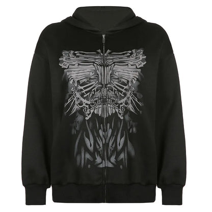 Dark personality printed hoodie female American  new black hooded zipper coat loose casual top