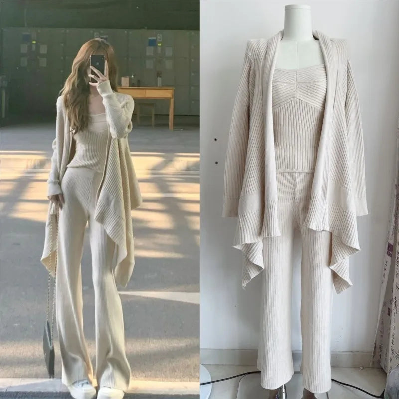 Conjunto de 3 piezas de punto liso para otoño e invierno, camiseta sin mangas para mujer, pantalones largos, cárdigan, suéter, jersey, moda coreana, conjuntos casuales, nuevo