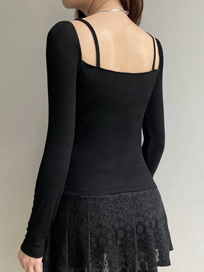 Camisetas de dos piezas para mujer, lindas y bonitas, con ribete de encaje liso, de manga larga, ropa suave y moderna de otoño.