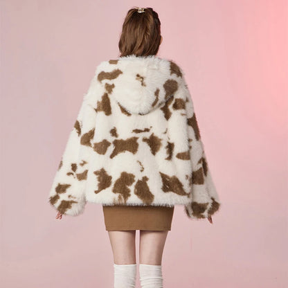 Abrigo de piel sintética de leopardo de gran tamaño para mujer, chaqueta gruesa de piel de zorro con capucha, estilo Harajuku Y2k, para invierno