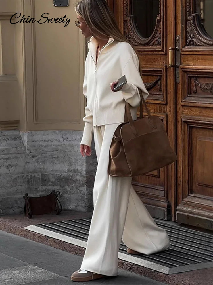 Conjuntos de pantalones de punto para mujer, cárdigan con cuello alto y cremallera, pantalones holgados de cintura alta, trajes de otoño e invierno, nuevos conjuntos a juego