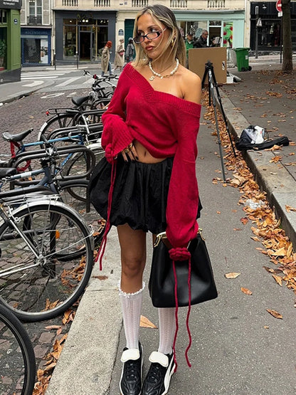 Elegante suéter rojo de punto con cuello en V para mujer, suéter vintage con flores 3D y cordón de manga larga, prenda de punto urbana elegante para Navidad.