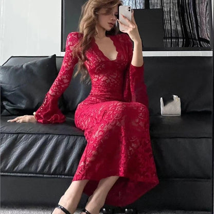 Vestidos largos de encaje ajustados y sexys para mujer, con escote en V y mangas acampanadas, vestido de sirena ajustado para fiesta de noche, club, graduación, vestidos para mujer