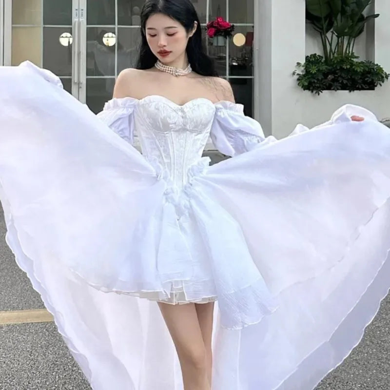 Elegantes vestidos de fiesta de noche para mujer, con mangas abullonadas, hombros descubiertos, con cordones, para boda, graduación, vestido de baile, corte A, Y2K, vestidos midi nuevos