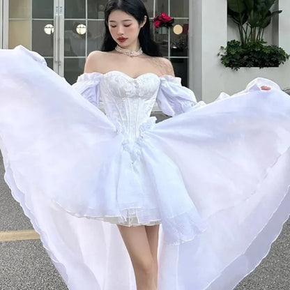 Elegantes vestidos de fiesta de noche para mujer, con mangas abullonadas, hombros descubiertos, con cordones, para boda, graduación, vestido de baile, corte A, Y2K, vestidos midi nuevos