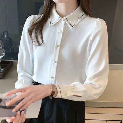 Blusas de estilo primavera-otoño para mujer, informales, de manga larga, con cuello vuelto, de color liso, DF4959