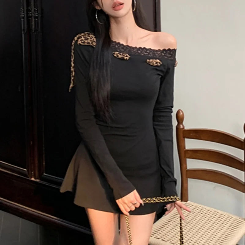 Vestido sexy para mujer Y2K, ropa con estampado de leopardo, ribete de encaje, hombros descubiertos, manga larga, corte A, minivestido de fiesta, ropa de club.