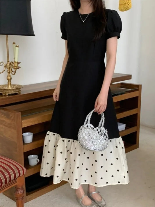 Vestidos midi negros vintage franceses para mujer, manga abullonada, corte A, patchwork, lunares, elegante moda coreana, vestido de una pieza, otoño nuevo