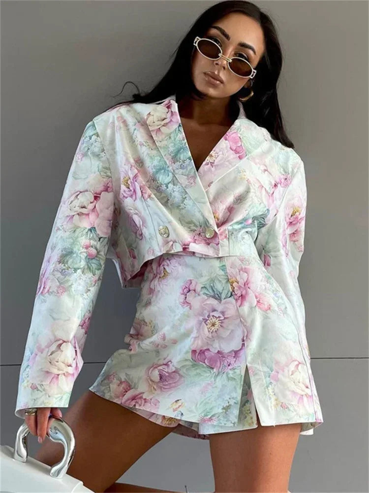 Printed Fashion 2 Piece-Set Skirt Female V-Neck Cropped Top And Mini Skirt Sets Commute Clothes Women’s Contrast Outfits