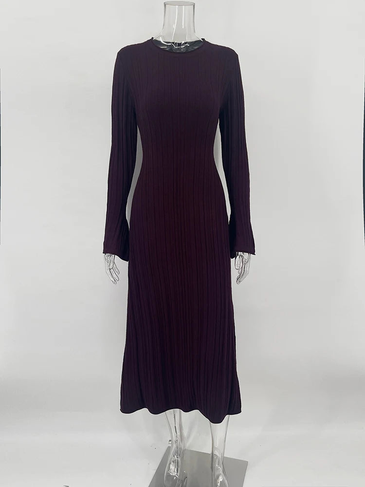 Vestido largo de punto para mujer, otoño invierno, nuevo, informal, retro, de cintura alta, acanalado, suéter, vestidos ajustados, trajes de fiesta para mujer