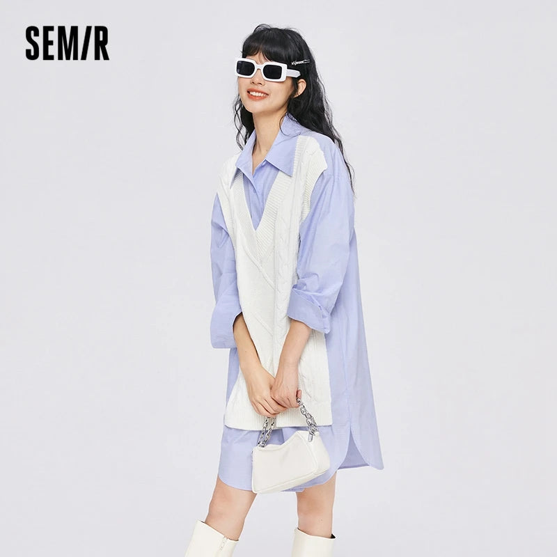 Dress Women Pointed Collar Stitching Fake Two-Piece Split  Autumn New Oversize Literary Dress Gentle