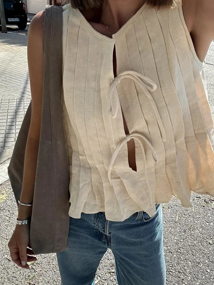 Camiseta sin mangas blanca con banda acanalada para mujer, chaleco ajustado sin mangas con agujeros, moda de verano, chaleco con cordones para mujer, top Y2k