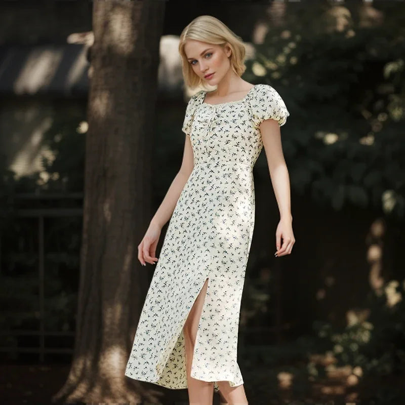 Dress Women Split Bubble Sleeve Medium Long Dress  Summer New Square Neck Chiffon Floral Dress Romantic Elegant