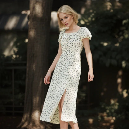 Dress Women Split Bubble Sleeve Medium Long Dress  Summer New Square Neck Chiffon Floral Dress Romantic Elegant