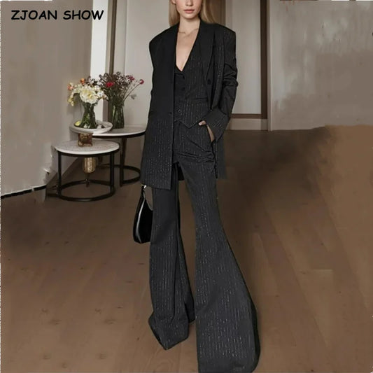 Blazer oversize de rayas negras de primavera para mujer, traje holgado con muescas y mangas largas, pantalones acampanados de cintura alta, camisetas sin mangas con cuello halter