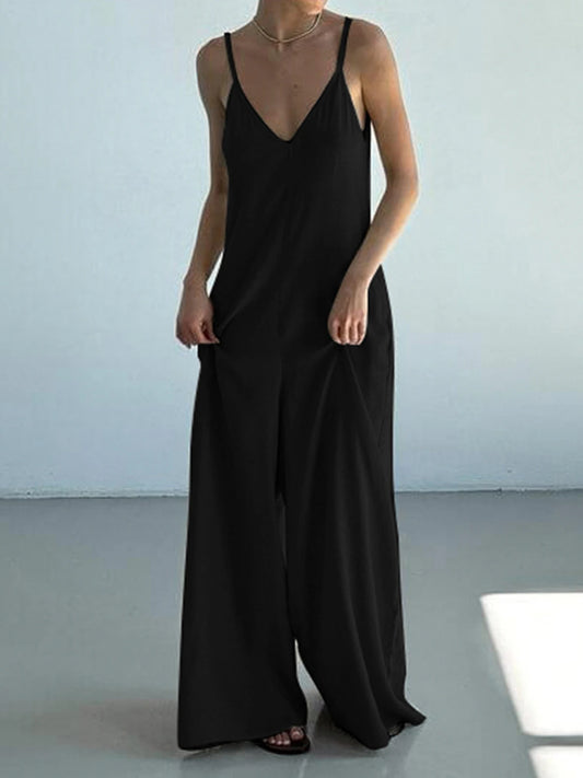 Monos bohemios negros informales holgados con cuello en V sin mangas para mujer, monos de pierna ancha con espalda descubierta y tirantes finos para vacaciones.