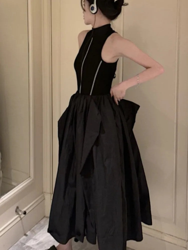 Vestidos casuales de punto negros para mujer, vestido tipo chaleco sin mangas, corte A, moda coreana, cuello medio alto, otoño, nuevo vestido