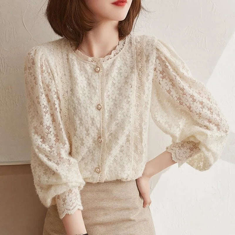 Blusas de encaje estilo primavera otoño para mujer, blusas informales de manga larga con farol y cuello alto, blusas SP1529