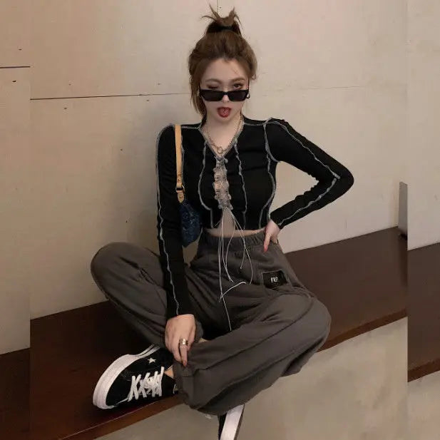 Camisa negra sexy con lazo delantero para mujer, moda Y2K, top corto con volantes, camiseta de manga larga, blusas y camisas básicas, ropa de marca
