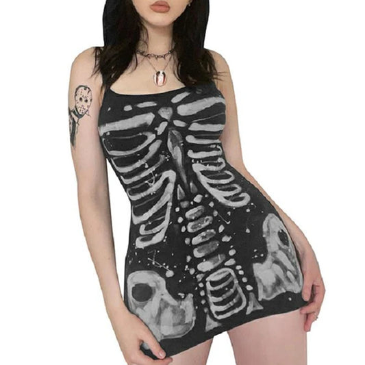 Vestido gótico de verano para mujer, con tirantes finos, sin mangas, estampado de huesos, minivestido Y2K, estilo punk estético