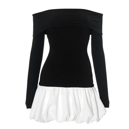 Vestido mini elegante con pliegues para mujer, de un solo hombro, con contraste de colores y mangas largas, sexy, ajustado, para fiesta y club.