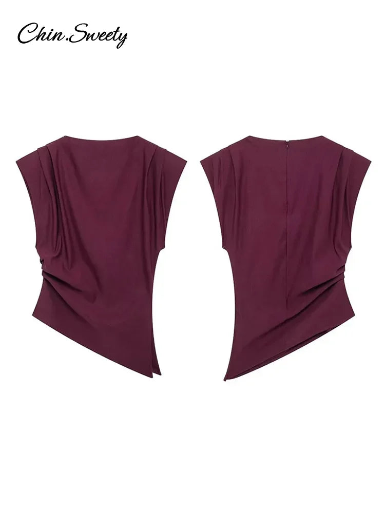 Casual Pleated Sleeveless Vest Women Irregular O-neck Split Shoulder Pad Solid Tank Top Fashion High Street Lady Slim Shirt New