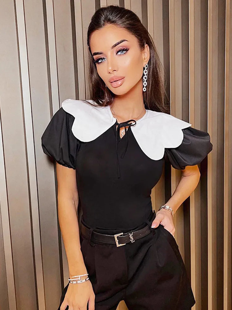 One Piece Outfit with Ruffle Collar for Women, Sexy Bodysuit, Short Sleeve, Color Blocking Lingerie, Elegant Summer Clothes