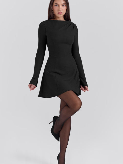 Elegante vestido de noche ajustado de manga larga para mujer, otoño/invierno, nuevo, cuello redondo, falda corta, ajustado, elegante, 2025