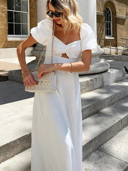 Vestido largo blanco con cuello cuadrado y mangas abullonadas para mujer, corte en A, ajustado, de algodón, con aberturas, elegante, moda de otoño.