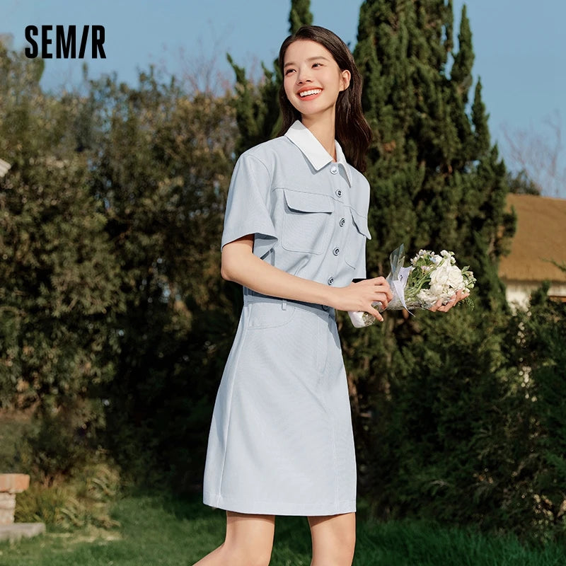 Dress Women Turn-Down Collar Stylish And Chic  Summer New Simple And Sweet Waist-Cinching Short Skirt