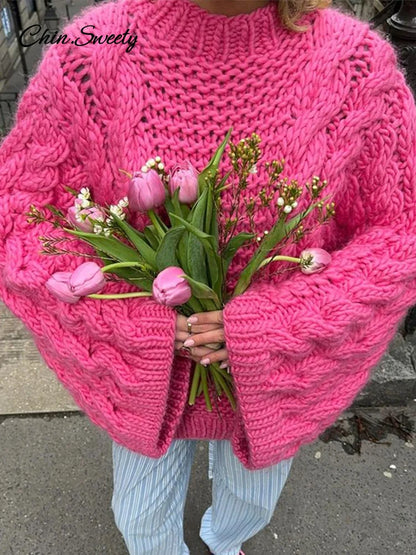 Knit Oversize High Neck Jumper Sweater Women Lazy Round Neck Ribbed Pullover Female  Autumn Winter Thick Warm Lady Knitwear