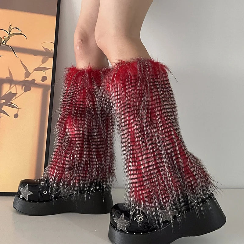 Calentadores de piernas de piel sintética gótica Y2K para mujer, cubrebotas Harajuku, Lolita, chicas, punk, moda, lindos leggings hipster JK, cálidos y esponjosos