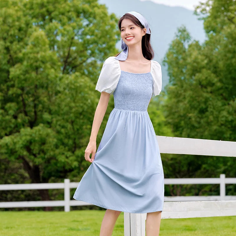 Dress Women Color-Blocking Puff Sleeves Sweet and Elegant Temperament Autumn Hepburn Style Tight Retro Skirt