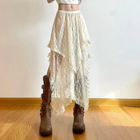 Summer Lace Asymmetrical Skirt Fairycore Women Vintage Y2K Boho Aesthetic Fashion High Waist Mid Skirts Lady Holiday Outfits