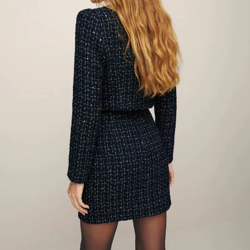 Conjunto de 2 piezas de blazer de tweed con línea dorada y tejido negro para mujer, estilo retro francés, cintura alta, botones centrales, cremallera trasera y minifalda.